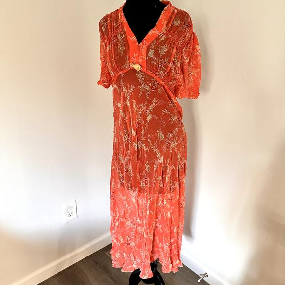 Signature by Robbie Bee Orange Dress Floral Sheer Bohemian Maxi Size 12 VINTAGE - Picture 1 of 6